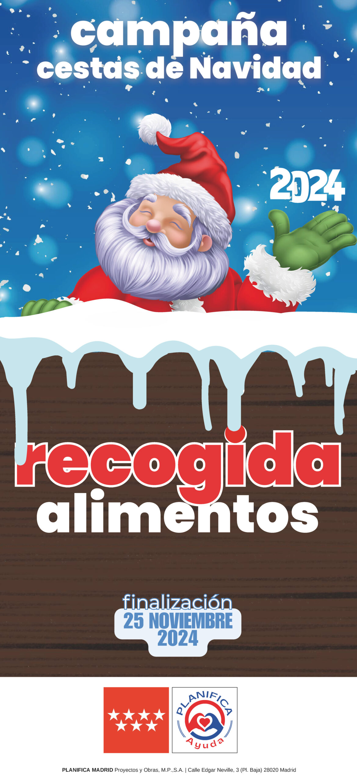 Cartel recogida de alimentos para cestas de Navidad dentro de las acciones de voluntariado y RSC de Planifica Madrid